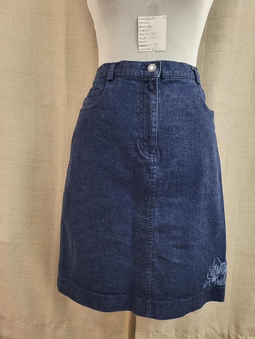 Rafaella Blue Denim Straight Skirt Dark‎ Wash Back Slit Pockets Floral Size 12